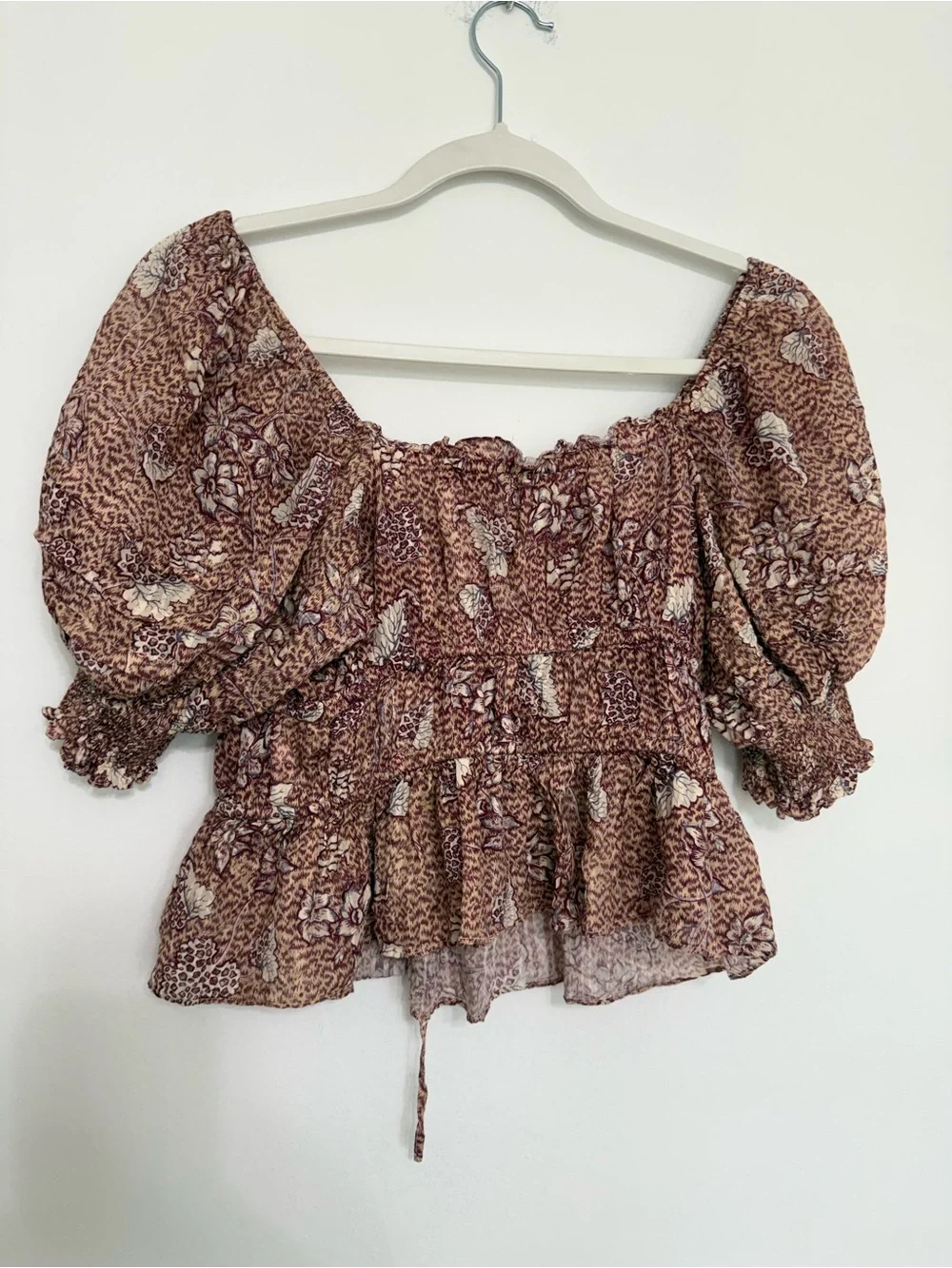 Ulla Johnson Floral Smocked Peplum Puff-Sleeve Top in Dusty Pink